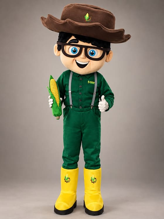 Mascote de agricultor com chapéu marrom, óculos, macacão verde e uma espiga de milho na mão