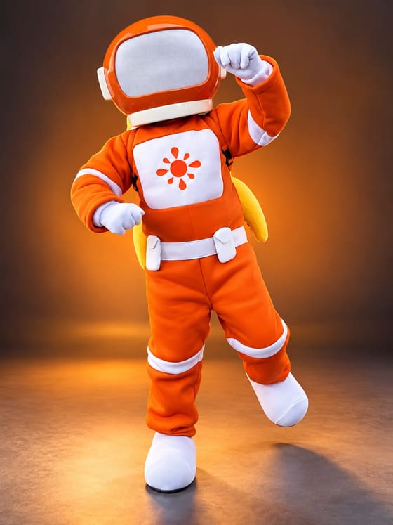 Mascote de astronauta com macacão laranja e capacete branco, acenando em estúdio