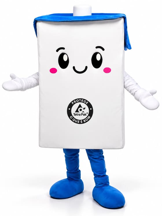 Mascote em formato de caixinha de bebida branca com tampa azul, rostinho sorridente e braços abertos