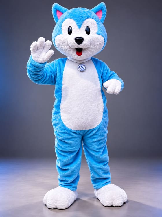 Mascote de gato azul e branco acenando, de corpo inteiro em estúdio