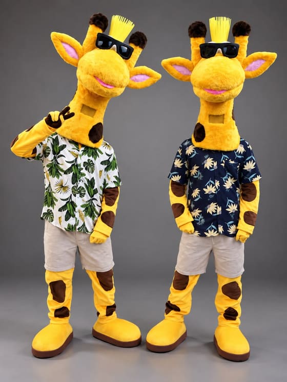 Duas girafas amarelas de óculos escuros e camisa estampada, posando em estúdio