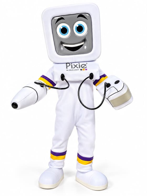 Mascote de robô com cabeça de tela sorridente e macacão branco com detalhes roxos