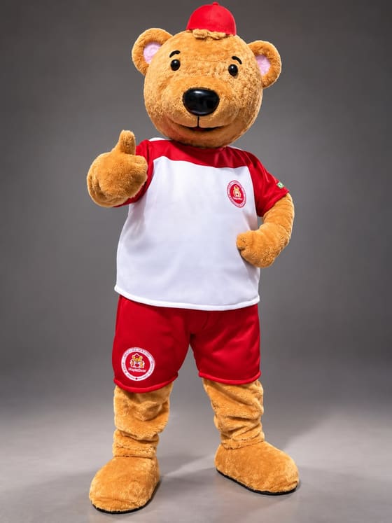 Mascote de urso marrom com boné vermelho, camisa branca e bermuda vermelha, fazendo sinal de positivo